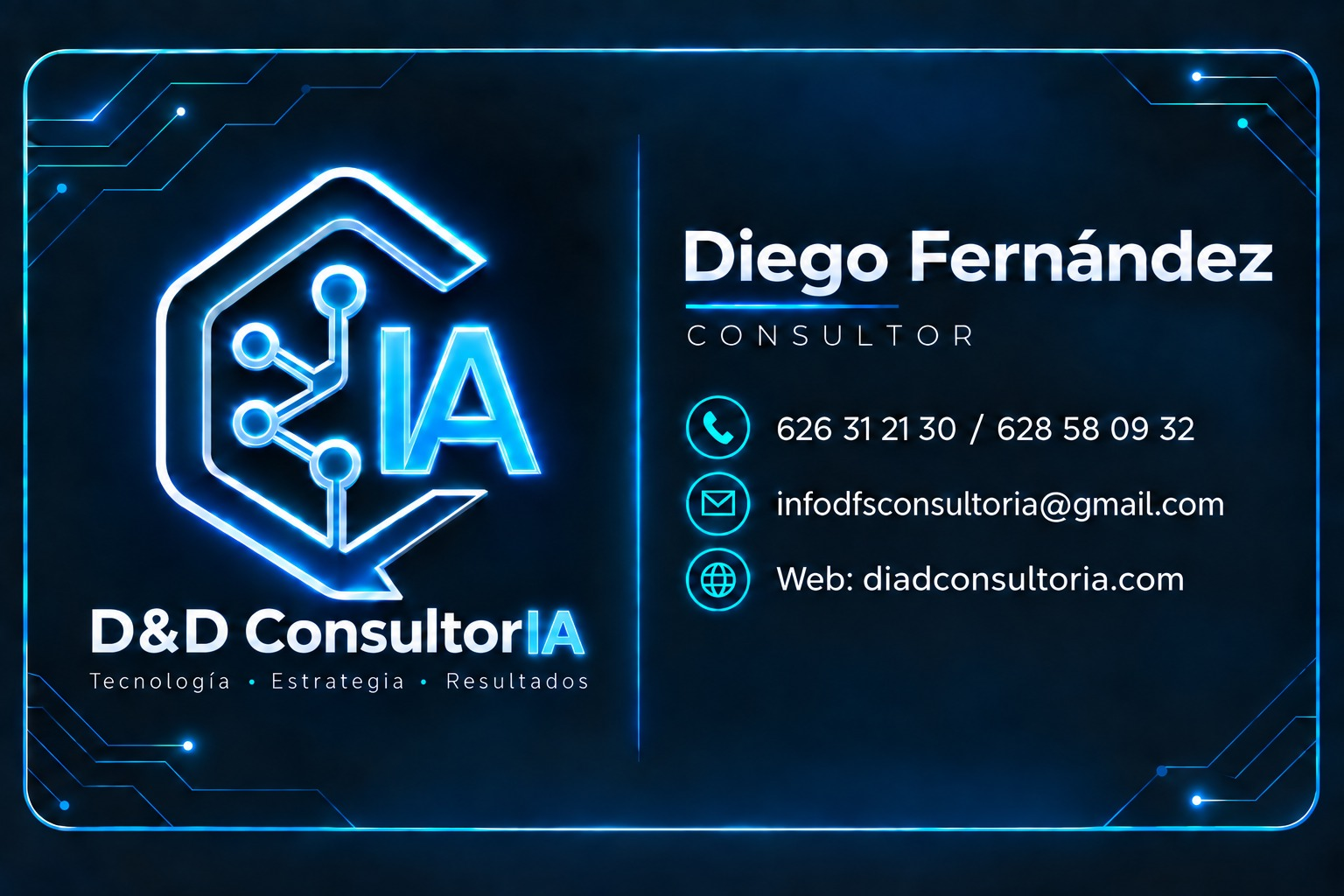 Tarjeta de D&D ConsultorIA con los datos de contacto de Diego Fernández